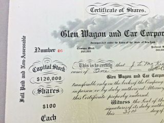 Glen Wagon and Car Corp.  1914 Stock Certificate State of York 1 Shares 2
