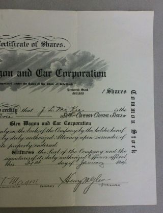 Glen Wagon and Car Corp.  1914 Stock Certificate State of York 1 Shares 3