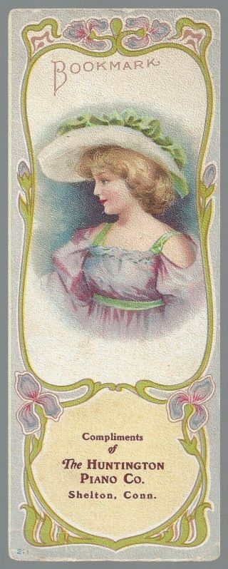 Shelton,  Ct,  Huntington Piano Co Adv Bookmark,  Woman & Flowers Image C.  1880 