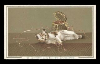 S84 - Cat Playing With Wool From A Basket - Small Victorian Xmas Card
