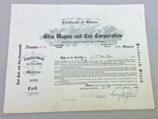 Glen Wagon And Car Corp.  1914 Stock Certificate State Of York