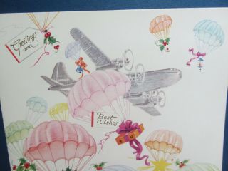 AIRPLANE PARACHUTES GIFTS - Vintage Mid Century 1950 ' s Christmas Card - 2