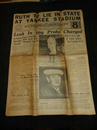 Aug.  17,  1948 Baltimore Newspaper: Baseball Legend Babe Ruth Dead
