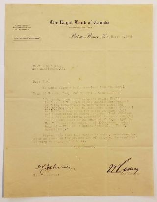 Vtg Commercial Letter / The Royal Bank Of Canada / Port Au Prince / Haiti / 1929