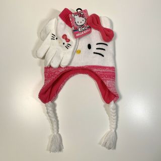 Hello Kitty By Sanrio Girls Winter Pink White Beanie Hat With Gloves