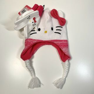 Hello Kitty By Sanrio Girls Winter Pink White Beanie Hat With Gloves 2