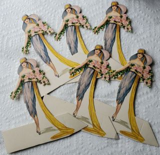 6 Art Deco Bridesmaids Place Cards.  Lavender Gowns,  Pink Roses.  Chas S Clark Co