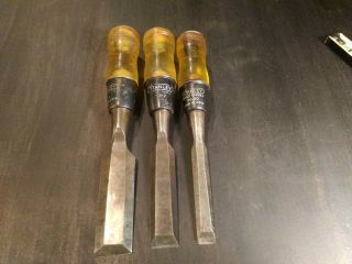 3 Vintage Stanley Woodworking Beveled Edge Chisels 1/2 " 3/4 " 1 "