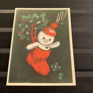Vintage Greeting Card Christmas Snowman In Stocking Holly Rust Craft