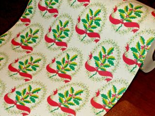 Vtg Christmas 1950 Wrapping Paper 2 Yards Holly Ribbon Red Green Gorgeous