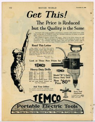 1922 Temco Electric Motor Co.  Ad; Model K Drill - Leipsic,  Ohio