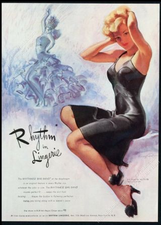 1945 Rhythm Lingerie Sexy Woman Black Slip Pinup Girl Art Vintage Print Ad