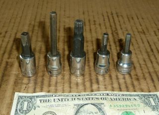 Vintage 5 Snap On 3/8 " Sockets,  Torx,  Hex Allen,  2 Reshape,  Old Mechanic Car Tools