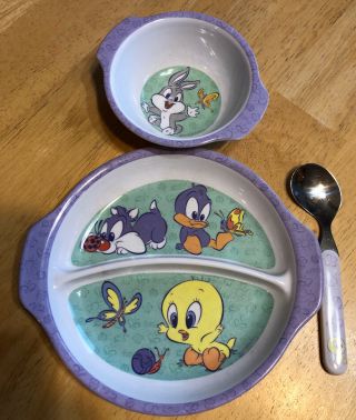 Vintage Looney Tunes Baby Tiny Toons Toddler Bowl & Divided Plate Set Buggs Taz