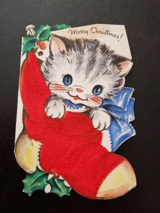 Vtg 1940s Hallmark Christmas Greeting Card Diecut Flocked Kitten Inside Stocking