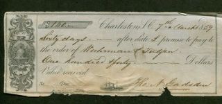 1859 Charleston Sc Check Signed Thomas N.  Gadsden Bee Hive & Steam Ship Vignette