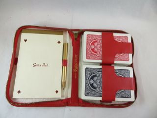 Vintage Griffon Red Leather Zip Card Case With Playing Cards & Score Pad