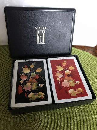 Vintage Kem Double Deck Plastic Playing Cards Maple Leaf Red Black Floral