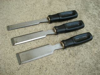 Set Of 3 Vintage Stanley Black Handle Wood Chisels Tools 1/2 " 3/4 " 1 "