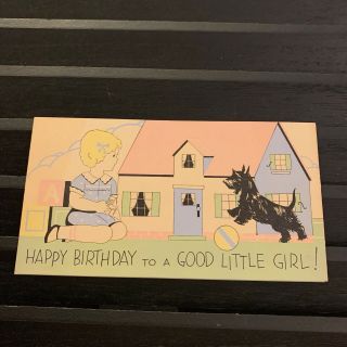 Vintage Greeting Card Birthday Black Doll House Scottie Dog Terrier Girl