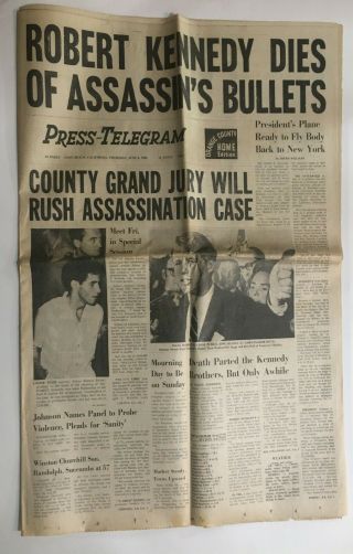 Newspapers Rfk Robert Kennedy Assassination Death - 6/6/68 - Long Beach,  Ca