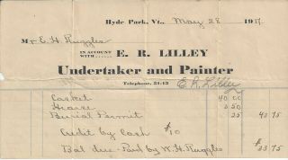 E.  R.  Lilley Undertaker And Painter,  Hyde Park,  Vermont.  May 28,  1917