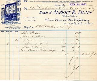 June 25,  1906 Albert R Dunn Tobacco Cigars And Fine Confection Paper Invoice