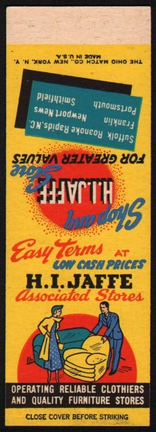 Vintage Matchbook Cover H I Jaffe Stores Suffolk Newport News Salesman Sample