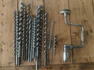 Vintage Stanley Ratcheting Hand Drill Auger With 17 Auger Bits (not All Fit)