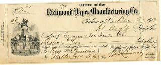 1913 Richmond Paper Mfg Co Richmond Va Illustrated Bank Check R W Lipscomb