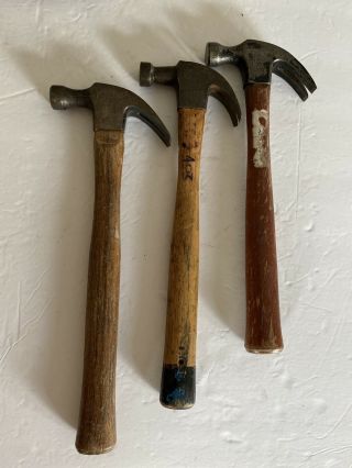 3 Vintage Stanley Small 11 Oz.  Claw Hammers With Wood Handles