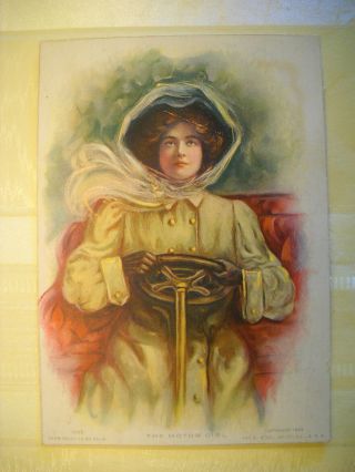 The Motor Girl Antique 1908 Scrapbook Card Chromolithograph Woman By Artist Palm