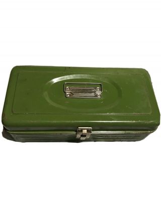 Vintage Union Green Metal Toolbox Container Chest Tackle Box W/ Metal Handle