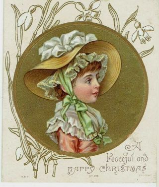 Victorian Christmas Greetings Card Pretty Girl In A Fancy Large Hat H & F