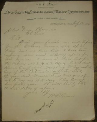 1896 Letterhead Independence Oklahoma Territory Hp Grow Dry Goods Groceries