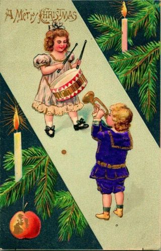 Embossed Kids Playing Music A Merry Christmas Postcard