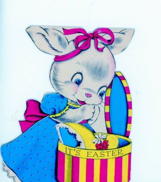 Vintage Norcross Double Wish Die Cut Easter Greeting Card Rabbit Hat Box 3528