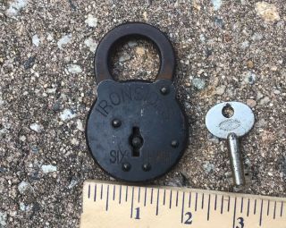 " Ironsides " Six Lever Steel Padlock W/ Key,  Old Vintage Antique Lock