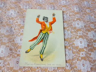 Victorian Christmas Card/black Figure Dancing And Playing On The Bones