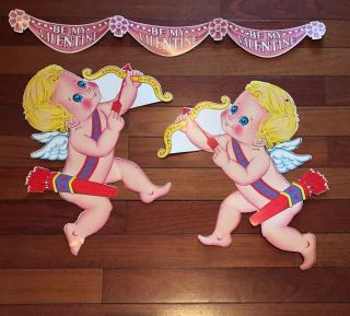 2 Vintage Beistle Valentines Day Cupid Cherubs Die Cut With Banner