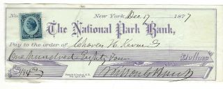 1877 Check,  The National Park Bank,  York,  Mailed With 2 Cent Stamp