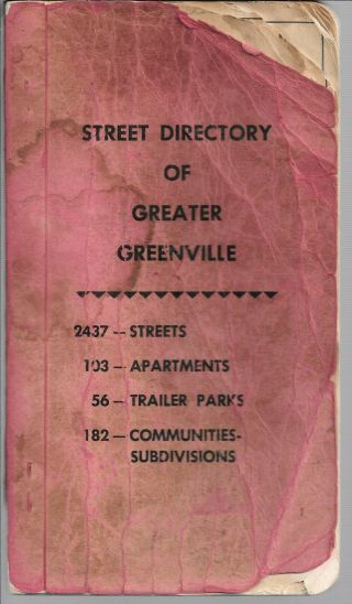 1961 Street Directory Of Greater Greenville,  South Carolina,  Sc,  173 Pages