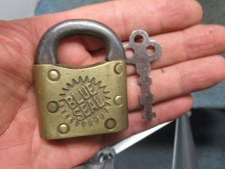 Small Old Brass Padlock Lock Blue Seal With A Key.  N/r