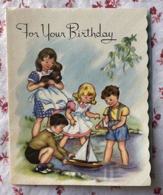 Vintage 1940s Birthday Greeting Card Children Sailing Toy Sail Boats In Pond