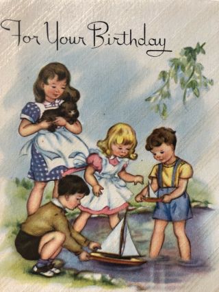 Vintage 1940s Birthday Greeting Card Children Sailing Toy Sail Boats in Pond 2