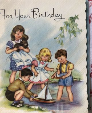 Vintage 1940s Birthday Greeting Card Children Sailing Toy Sail Boats in Pond 3
