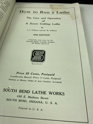 Vintage 1941 South Bend Lathe Indiana Usa How - To Booklet 3