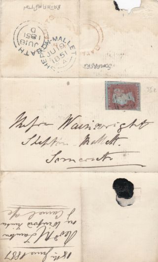 1851 Qv Somerset Cover With A 1d Penny Red Stamp & Bathampton Village Udc