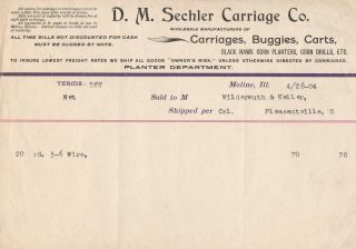 1904 Invoice D.  M.  Sechler Carriage Co.  Mfg.  Carriages & Buggies In Moline,  Il.