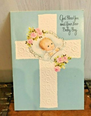 Vtg 1970s Rust Craft Greeting Card Baby Religious Cross God Bless Birthday